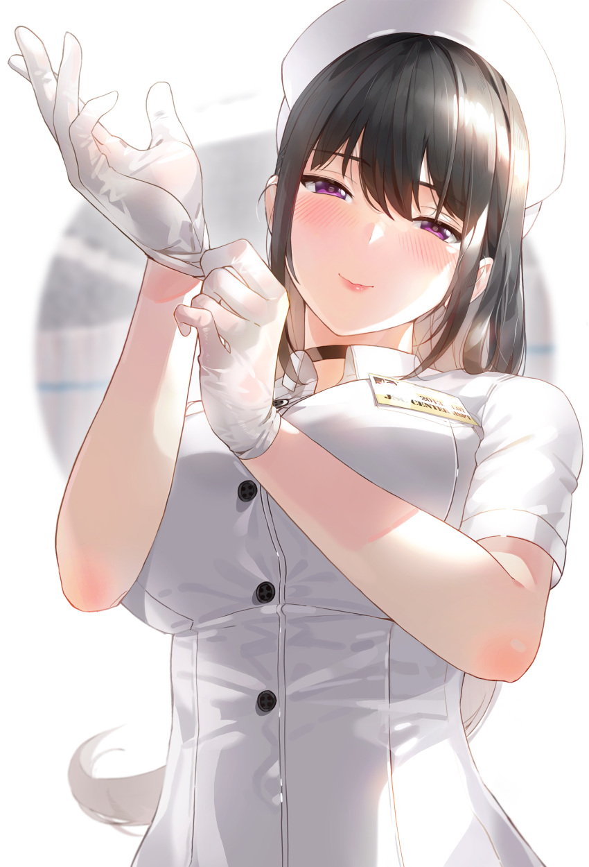 absurdres adjusting_clothes adjusting_gloves black_choker black_hair blush breasts buttons choker closed_mouth commentary english_commentary female glove_pull gloves half-closed_eyes hat highres kfr large_breasts long_hair looking_at_viewer name_tag nurse nurse_cap original photoshop_(medium) purple_eyes short_sleeves sidelocks smile solo tareme upper_body white_gloves white_hat