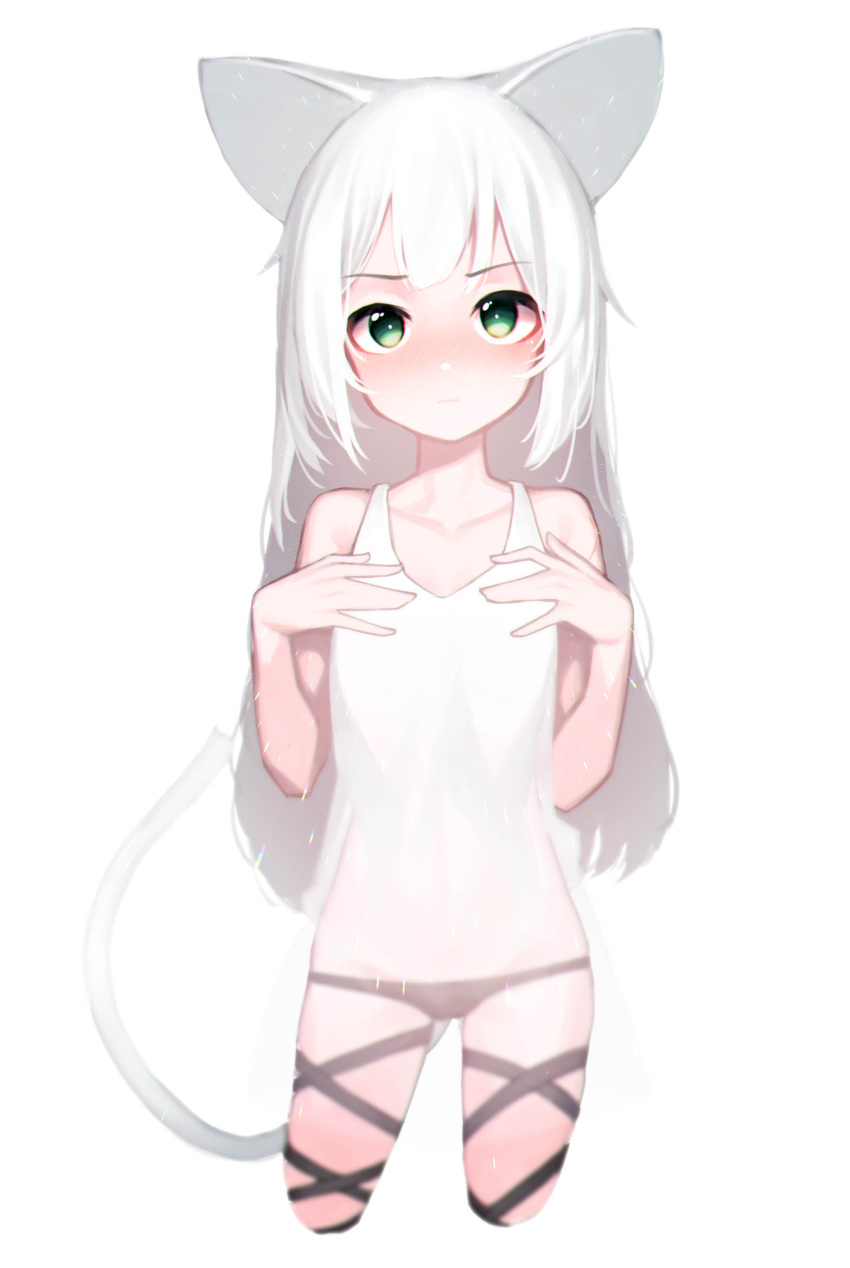 absurdres animal_ears arknights beudelb black_panties blush cat_ears cat_girl cat_tail collarbone commentary cowboy_shot cropped_legs female green_eyes hands_up highres korean_commentary long_hair looking_at_viewer multiple_straps panties rosmontis_(arknights) simple_background solo straight-on tail tank_top thigh_strap underwear white_background white_hair white_tank_top