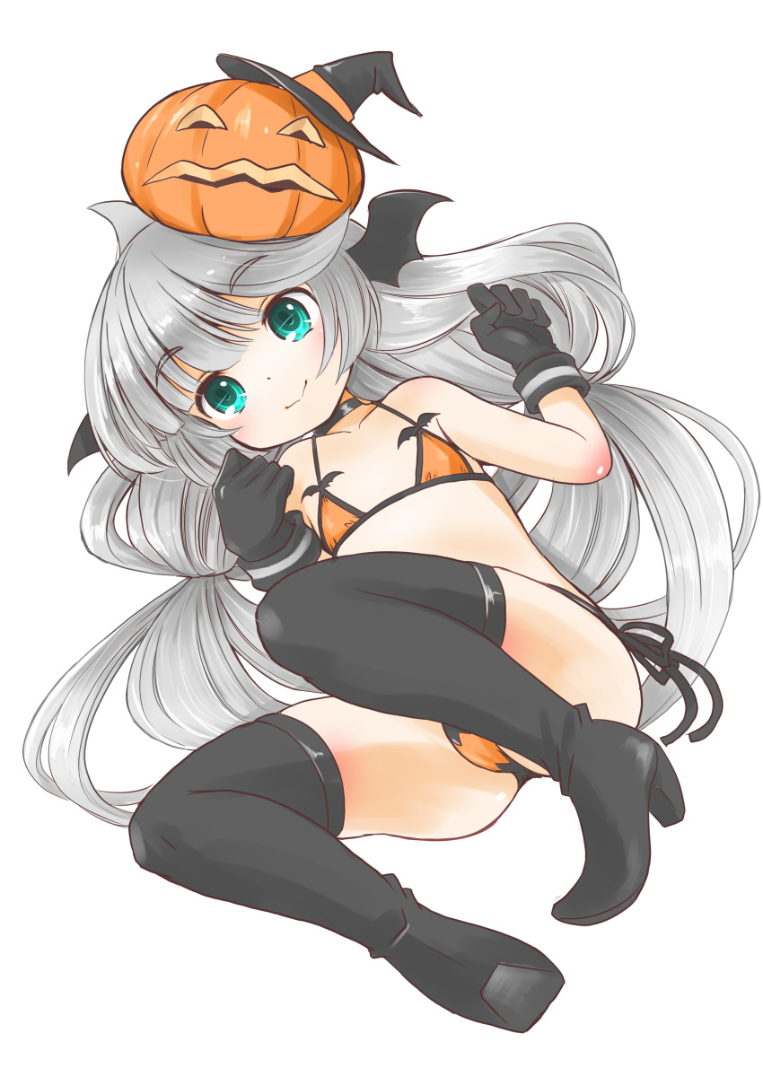 absurdres bat_wings bikini black_gloves black_hat black_thighhighs boots female flat_chest full_body gloves green_eyes grey_hair hat highres jack-o'-lantern kantai_collection long_hair looking_at_viewer low_twintails lying mikura_(kancolle) one-hour_drawing_challenge orange_bikini pumpkin simple_background solo swimsuit taisinkoku thigh_boots thighhighs twintails white_background wings witch_hat