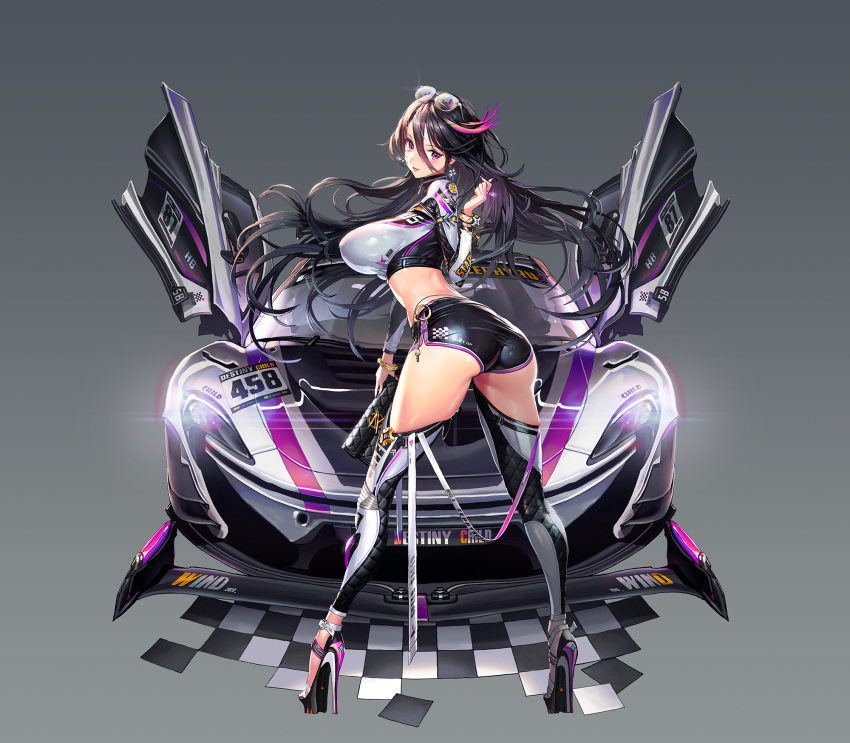 ass black_hair black_shorts breasts checkered_floor clothing_cutout crop_top destiny_child eyewear_on_head female fingernails glasses high_heels highres large_breasts lips looking_at_viewer looking_back multicolored_hair nail_polish navel navel_cutout pink_hair punc_p purple_eyes race_queen race_vehicle short_shorts shorts skindentation thick_thighs thighhighs thighs turning_head wallet zephyrus_(destiny_child)