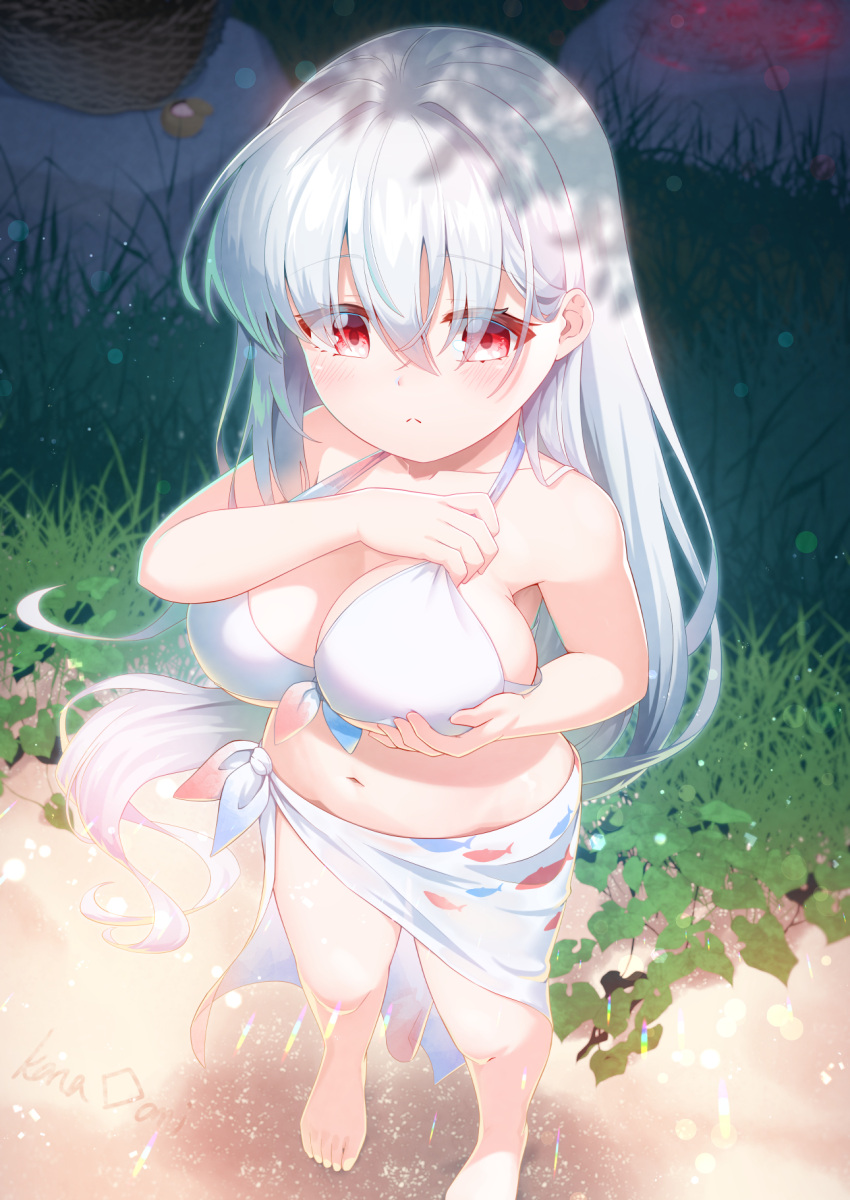 adjusting_clothes artist_name bare_arms bare_shoulders barefoot bikini blurry blurry_background breast_lift breasts cleavage closed_mouth expressionless female floating_hair from_above front-tie_bikini_top front-tie_top grass hair_between_eyes hands_up highres kana_ami large_breasts light_blush long_hair looking_down navel original outdoors print_sarong red_eyes sarong shade standing swimsuit very_long_hair white_bikini white_hair white_sarong