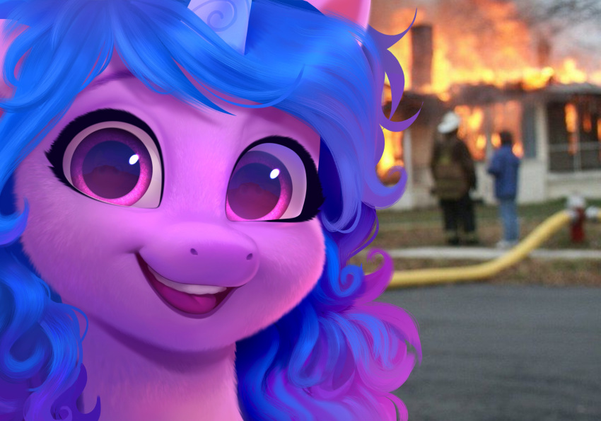 2022 blue_hair building curled_hair digital_media_(artwork) disaster_girl equid equine eye_reflection female fire fire_hydrant fur glistening glistening_eyes gradient_hair group hair hasbro hi_res horn house imalou izzy_moonbow_(mlp) looking_at_viewer mammal meme mlp_g5 my_little_pony mythological_creature mythological_equine mythology open_mouth open_smile photo_background photography_(artwork) purple_body purple_eyes purple_fur reflection smile solo_focus teeth tongue unicorn