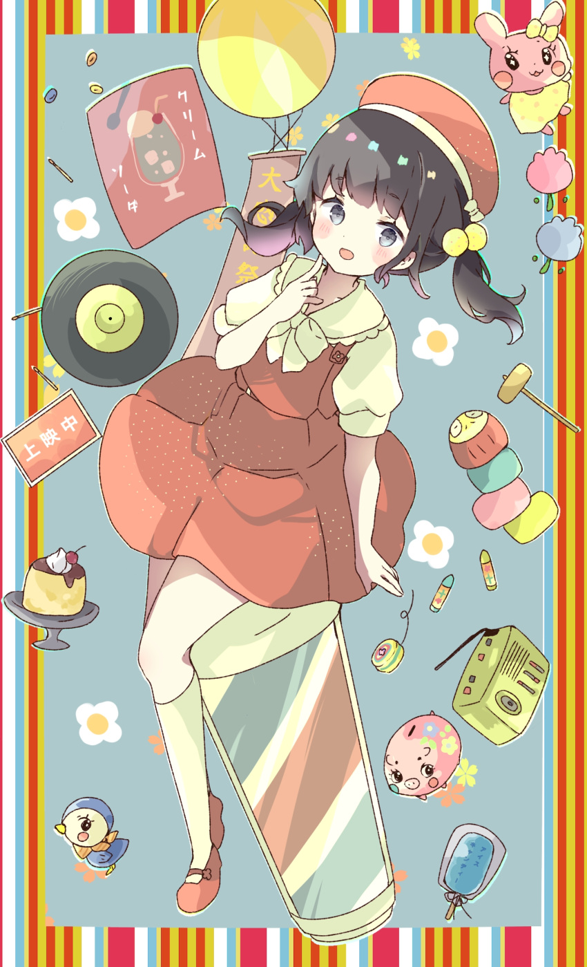 :d absurdres beret black_hair blush circle_skirt collared_shirt commentary_request dress female full_body grey_eyes hair_bobbles hair_ornament hand_up hat highres kneehighs long_hair looking_at_viewer original piggy_bank puffy_short_sleeves puffy_sleeves radio record red_dress red_footwear red_hat shirt shoes short_sleeves sleeveless sleeveless_shirt smile socks solo tsukiyo_(skymint) twintails white_socks yellow_shirt