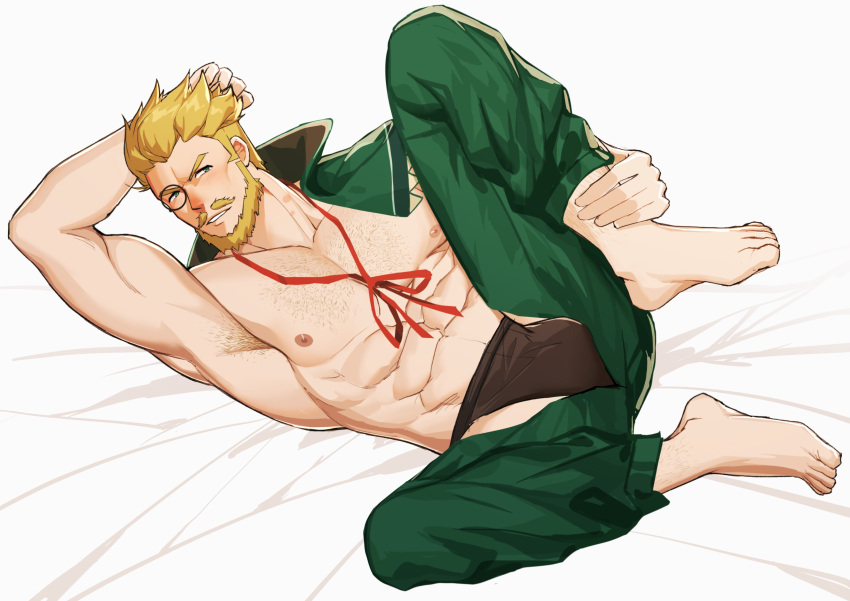 1boy abs absurdres armpit_hair armpits bad_id bad_pixiv_id bara bare_pectorals beard black_male_underwear blonde_hair blush bulge chest_hair collared_shirt cyrus_(genshin_impact) facial_hair full_body genshin_impact green_eyes green_pants highres large_pectorals lying male_focus male_underwear mature_male muscular muscular_male neck_ribbon nipples on_back on_bed pants pectorals red_ribbon ribbon round_eyewear shirt short_hair solo stomach underwear zhuganchangjiadan