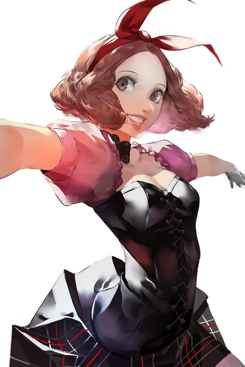 blazpu bow breasts brown_eyes brown_hair duplicate english_commentary female hairbow highres looking_to_the_side okumura_haru outstretched_arms persona persona_5 persona_5:_dancing_star_night persona_dancing pixel-perfect_duplicate red_bow short_hair small_breasts smile solo spread_arms white_background