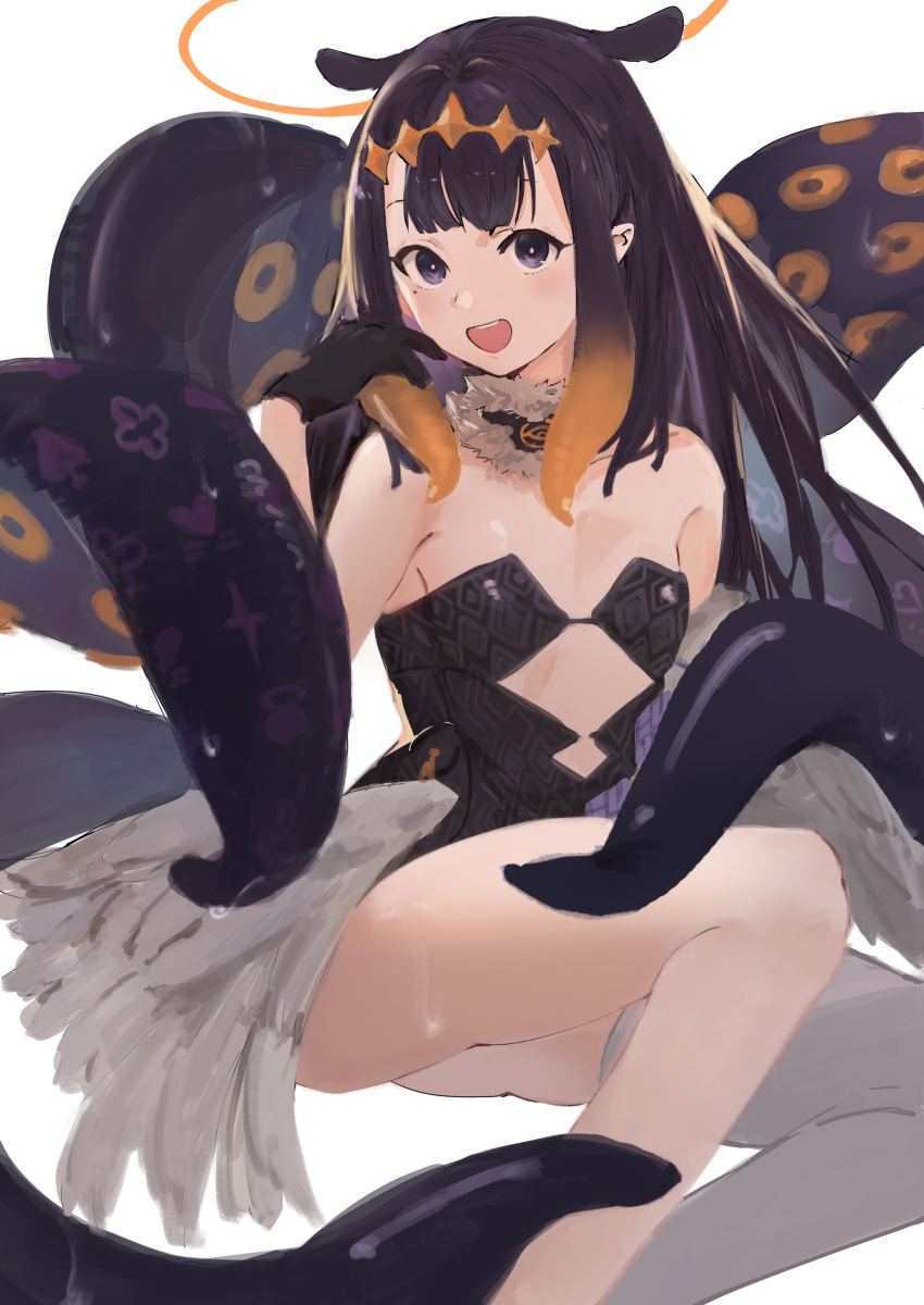 absurdres bare_shoulders black_choker black_gloves blunt_bangs choker clothing_cutout duplicate female fur-trimmed_choker fur_trim gloves gradient_hair halo highres hololive hololive_english long_hair looking_at_viewer low_wings mole mole_under_eye multicolored_hair ninomae_ina'nis ninomae_ina'nis_(1st_costume) open_mouth orange_hair patterned patterned_clothing pixel-perfect_duplicate pointy_ears purple_eyes purple_hair sidelocks single_thighhigh smile solo teeth tentacle tentacle_hair thighhighs tsuiru upper_teeth_only very_long_hair virtual_youtuber white_thighhighs wings