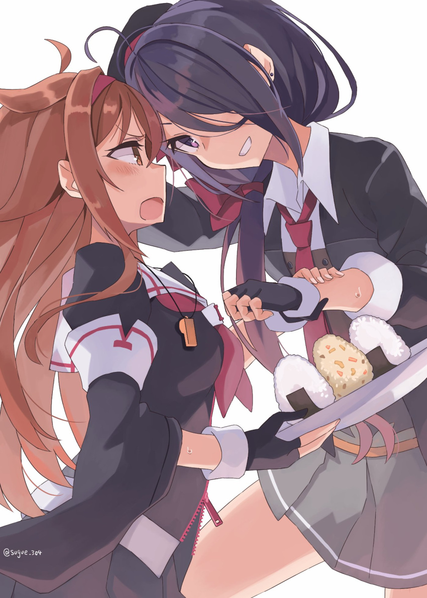 2girls ahoge ariake_(kancolle) asymmetrical_hair black_gloves black_headwear black_serafuku black_skirt blush brown_eyes brown_hair ear_piercing fingerless_gloves food gloves grey_skirt hair_between_eyes hair_flaps hair_over_one_eye hairband hat highres kantai_collection long_hair low_ponytail multiple_girls necktie onigiri open_mouth partially_fingerless_gloves piercing pleated_skirt purple_eyes purple_hair red_hairband red_necktie school_uniform serafuku shiratsuyu_(kancolle) shiratsuyu_kai_ni_(kancolle) simple_background skirt sugue_tettou twitter_username white_background