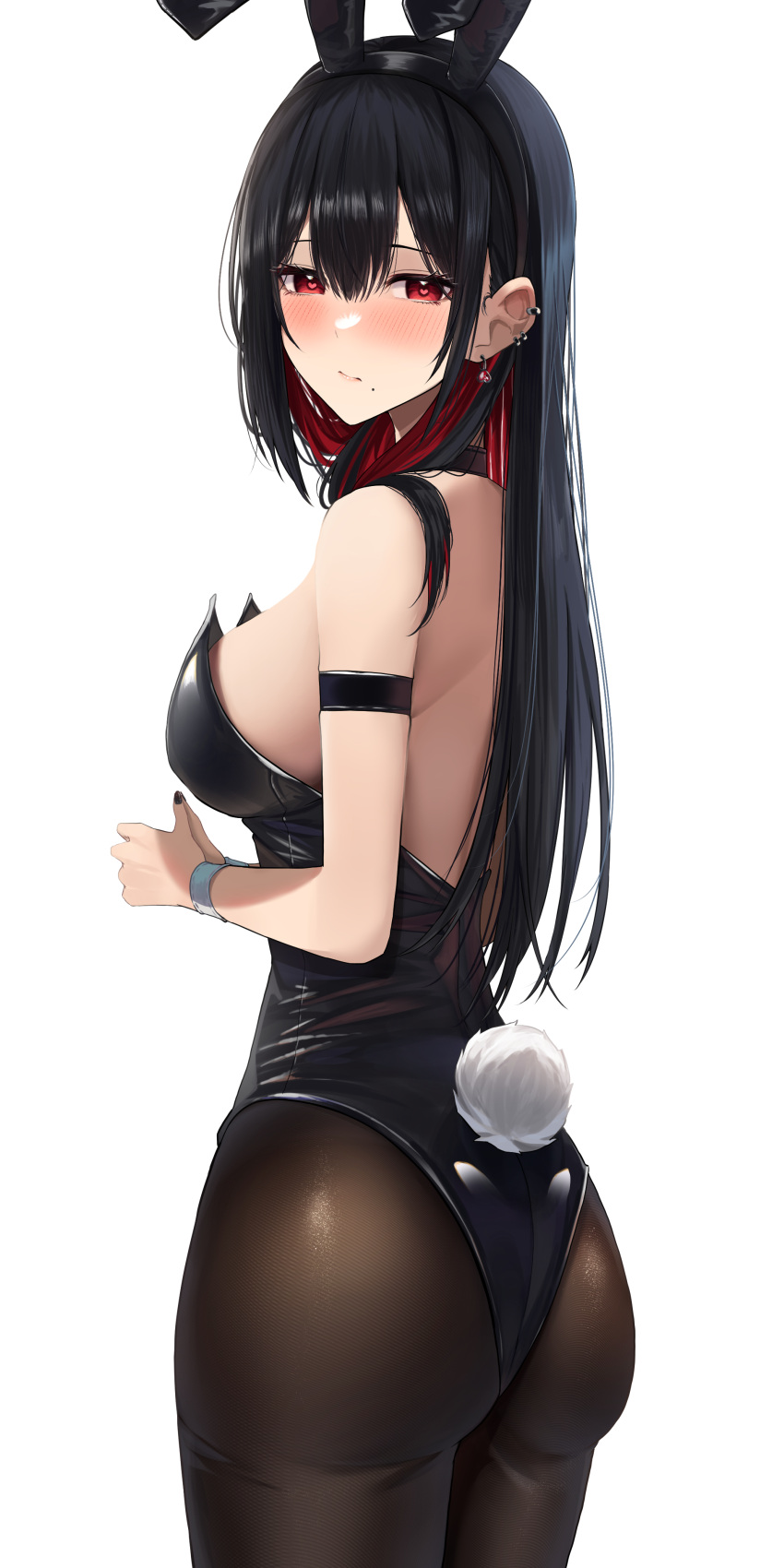 absurdres amane_sora animal_ears arm_strap ass bare_shoulders black_hair black_hairband black_leotard black_pantyhose blush breasts closed_mouth colored_inner_hair commentary_request ear_piercing fake_animal_ears fake_tail female from_behind hair_ornament hairband heart heart-shaped_pupils highres large_breasts leotard looking_at_viewer looking_back multicolored_hair original pantyhose piercing playboy_bunny rabbit_ears rabbit_tail red_eyes red_hair simple_background solo symbol-shaped_pupils tail two-tone_hair white_background wrist_cuffs