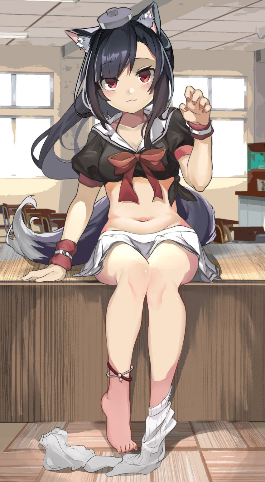 animal_ear_fluff animal_ears anklet asymmetrical_bangs azur_lane bare_legs barefoot black_hair black_shirt blush bow bowtie breasts chair classroom cleavage crop_top cuffs desk feet female headgear highres indoors jewelry leg_warmers legs long_hair looking_at_viewer medium_breasts midriff miniskirt nail_polish navel oerba_yun_fang on_desk paw_pose pleated_skirt ponytail puffy_short_sleeves puffy_sleeves red_bow red_eyes red_nails red_ribbon ribbon sailor_collar sakurami_sumi school_chair school_desk school_uniform serafuku shigure_(azur_lane) shirt short_sleeves single_sock sitting skin_fang skirt smile socks solo stomach tail tied_shirt toenail_polish toenails unworn_legwear white_sailor_collar white_skirt white_socks wolf_ears wolf_girl wolf_tail wooden_floor