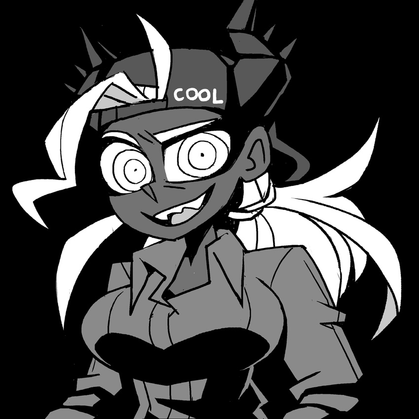 backwards_hat baseball_cap black_background black_horns breasts clothes_writing collared_shirt dark-skinned_female dark_skin demon_girl demon_horns english_commentary english_text female greyscale hat hat_writing helltaker horns horns_through_headwear judgement_(helltaker) large_breasts long_hair looking_at_viewer monochrome ponytail shirt solo vanripper white_eyes