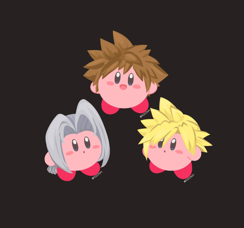 blonde_hair blue_eyes brown_hair cloud_strife cloud_strife_(cosplay) copy_ability cosplay final_fantasy final_fantasy_vii final_fantasy_vii_advent_children highres kingdom_hearts kingdom_hearts_i kirby kirby_(series) looking_at_viewer rizu_(rizunm) sephiroth sephiroth_(cosplay) simple_background smile sora_(kingdom_hearts) sora_(kingdom_hearts)_(cosplay) super_smash_bros. white_hair