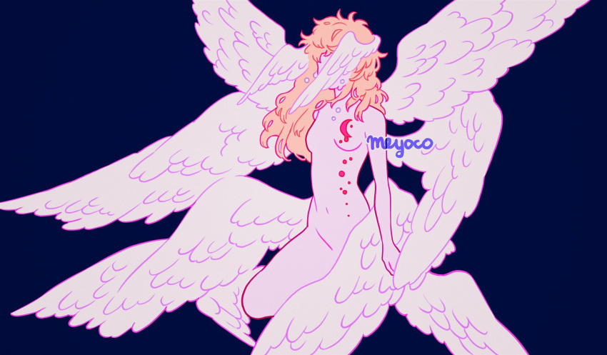 1other angel_wings artist_name blonde_hair breasts covered_face crescent devilman devilman_crybaby feathered_wings feet_out_of_frame grey_background head_wings highres long_hair low_wings medium_breasts meyoco multiple_wings navel nude satan_(devilman) simple_background solo tears wings