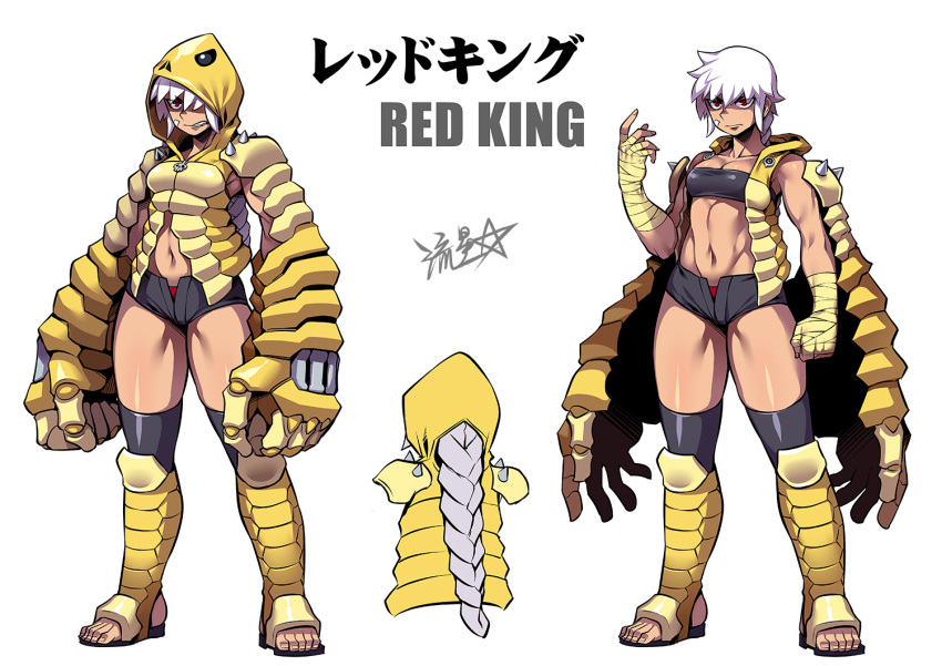 bandaged_arm bandages bandeau black_shorts boots braid character_name clenched_teeth closed_mouth commentary exoskeleton female hand_up hood hood_up long_hair micro_shorts multiple_views muscular muscular_female navel oversized_forearms oversized_limbs panties personification red_eyes red_king_(ultra_series) red_panties ryuusei_(mark_ii) shorts signature simple_background single_braid stirrup_footwear strapless teeth toenails toes tube_top ultra_series ultraman_(1st_series) underwear white_background white_hair