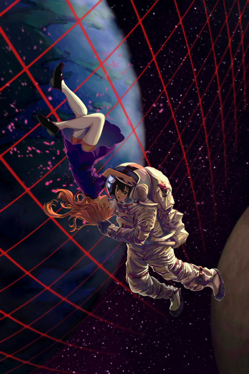 2girls absurdres astronaut black_hair blonde_hair brown_eyes closed_eyes dream_world_(touhou) duplicate earth_(planet) floating furahata_gen helmet highres in_orbit maribel_hearn moon multiple_girls open_mouth pixel-perfect_duplicate planet smile space space_helmet star_(sky) touhou upside-down usami_renko white_legwear