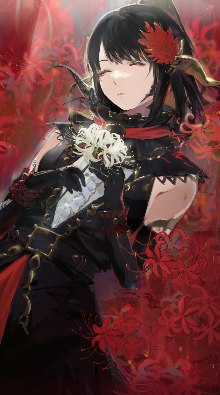 au_ra belt belt_buckle black_gloves black_hair bleeding blood buckle closed_eyes closed_mouth elbow_gloves female final_fantasy final_fantasy_xiv flower frilled_cuffs frills gloves hair_ornament highres holding holding_flower horns injury leaf light_particles light_rays long_hair ponytail red_flower scales solo spider_lily torn_clothes torn_gloves tsuiru warrior_of_light_(ff14) white_flower white_spider_lily