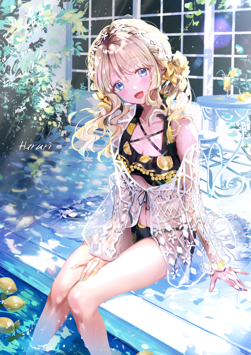 :d absurdres bare_shoulders bendy_straw bikini bikini_under_clothes black_bikini blonde_hair blue_eyes blue_nails blush braid breasts cleavage collarbone commentary_request cup drink drinking_glass drinking_straw female fingernails food fruit fruit_on_liquid hair_between_eyes haruri head_tilt highres lemon lemon_blossoms lemon_print lemonade long_hair multicolored_nails nail_polish open_mouth original print_bikini see-through sitting small_breasts smile soaking_feet solo swimsuit table water yellow_nails