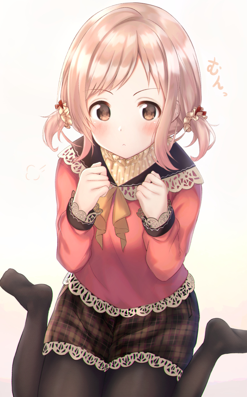 :< ascot bad_id bad_pixiv_id black_pantyhose black_skirt blush brown_eyes closed_mouth commentary_request cotrpopor female hair_ornament hair_scrunchie hands_up highres idolmaster idolmaster_shiny_colors lace_trim light_brown_hair long_sleeves looking_at_viewer no_shoes orange_ascot pantyhose parted_bangs plaid plaid_skirt puff_of_air red_shirt sakuragi_mano scrunchie shirt short_hair short_twintails sidelocks sitting skirt solo twintails wariza white_scrunchie