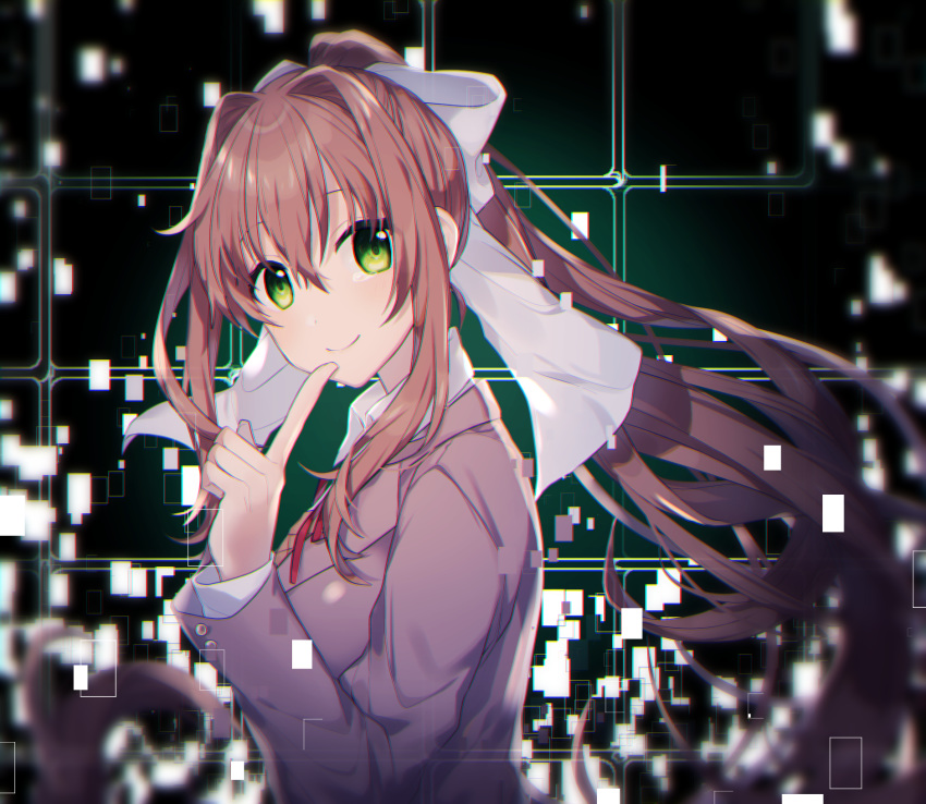 bow breasts brown_hair commentary doki_doki_literature_club english_commentary female finger_to_mouth from_side green_eyes hair_between_eyes hair_ornament hairbow highres jacket large_breasts long_hair looking_at_viewer minamiya_mia monika_(doki_doki_literature_club) ponytail red_ribbon ribbon school_uniform sidelocks smile solo tears very_long_hair white_bow