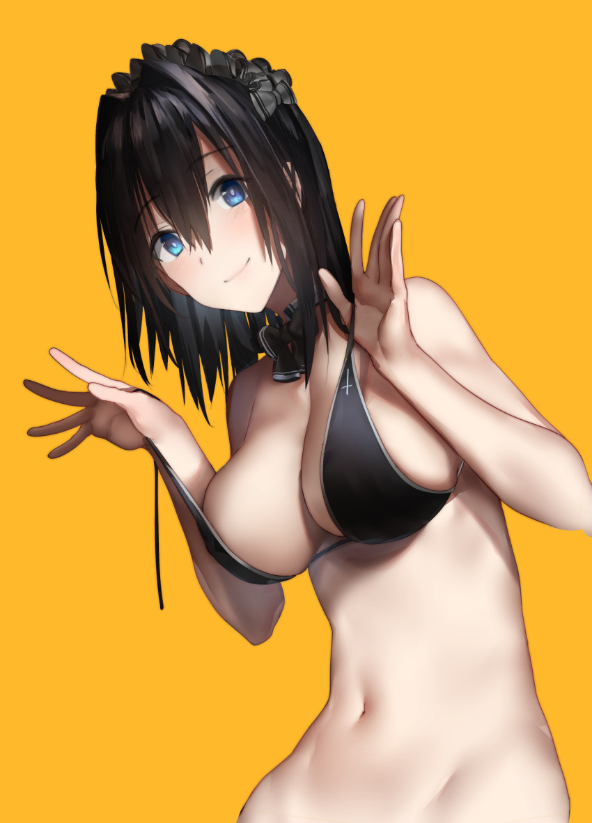 araido_kagiri bare_arms bare_shoulders bikini black_bikini black_bow black_bowtie black_hair blue_eyes bow bowtie breasts cleavage closed_mouth commentary_request detached_collar female groin hair_between_eyes hands_up headdress highres large_breasts long_hair looking_at_viewer navel orange_background original sidelocks simple_background smile solo strap_pull swimsuit untied_bikini upper_body