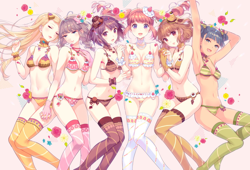 6+girls armpits arms_up bare_shoulders blue_eyes blush bow bow_panties bra braid breasts brown_hair cake cake_hair_ornament choker cleavage closed_eyes closed_mouth collarbone commentary_request dark-skinned_female dark_skin drill_hair flower food food-themed_clothes food-themed_hair_ornament frills fruit gloves grape_hair_ornament grapes grey_hair groin hair_between_eyes hair_ornament hairbow holding holding_hands interlocked_fingers leaf lingerie lips long_hair looking_at_viewer lying medium_breasts medium_hair multiple_girls nail_polish navel nishimura_eri open_mouth orange_hair original panties petals photoshop_(medium) pink_hair purple_eyes rose scrunchie short_hair smile strawberry striped sweets_lingerie thighhighs twin_braids twin_drills underwear underwear_only wrist_scrunchie