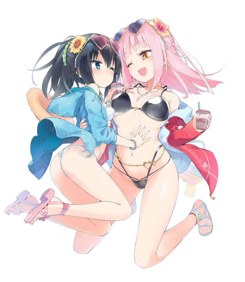 2girls ;d anklet ass back belt bikini black_bikini black_hair blue_eyes blush breasts bubble_tea chloe_withers commentary_request earrings eyewear_on_head flower groin hair_flower hair_ornament heart heart-shaped_eyewear heart_o-ring heart_ring_top highres homura_subaru hood hooded_jacket jacket jewelry lillian_ljungstrom long_hair multiple_girls navel off_shoulder one_eye_closed open_mouth original pink_hair ponytail sandals smile sunglasses swimsuit white_background white_bikini yellow_eyes