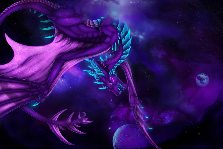 2019 3:2 ambiguous_gender claws cosmic_background detailed_background digital_media_(artwork) dragon european_mythology feral hi_res horn membrane_(anatomy) membranous_wings mythological_creature mythological_scalie mythology open_mouth purple_body purple_eyes purple_scales ridged_horn scales scalie selianth solo spines tail teeth tongue western_dragon wings