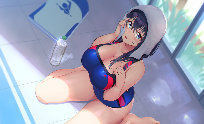 blue_eyes blue_hair blush breasts cleavage okamen original swimsuit wet