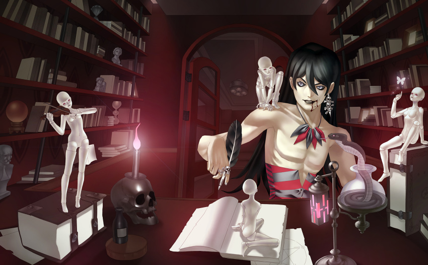 1boy black_hair black_sclera blood blood_from_mouth book bookshelf bug bust_(sculpture) butterfly candle collarbone colored_sclera doll earrings grey_eyes grin highres hugging_doll hugging_object indoors instrument jewelry kazuma_kaneko_(style) lipstick long_hair makeup male_focus music necklace old_ringo original parody photoshop_(medium) playing_instrument quill red_eyes ring single_earring skull skull_ring smile snake solid_eyes style_parody topless_male vial violin