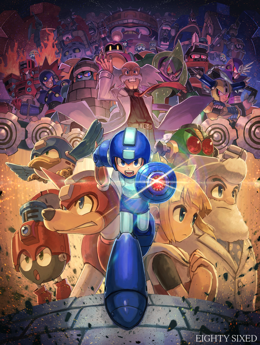 6+boys acid_man arm_cannon auto_(mega_man) beard beat_(mega_man) belt bird blast_man block_man blonde_hair blue_eyes bounce_man canine character_request dr._light_(mega_man) dr._wily_(mega_man) eddie_(mega_man) energy_tank everyone facial_hair female fire fuse_man grin highres impact_man kuroi_susumu lab_coat mega_man_(character) mega_man_(classic) mega_man_(series) mega_man_11 met_(mega_man) moustache multiple_boys necktie non-humanoid_robot official_art robot robot_animal roll_(mega_man) rush_(mega_man) smile sniper_joe_(mega_man) torch_man tundra_man weapon white_hair