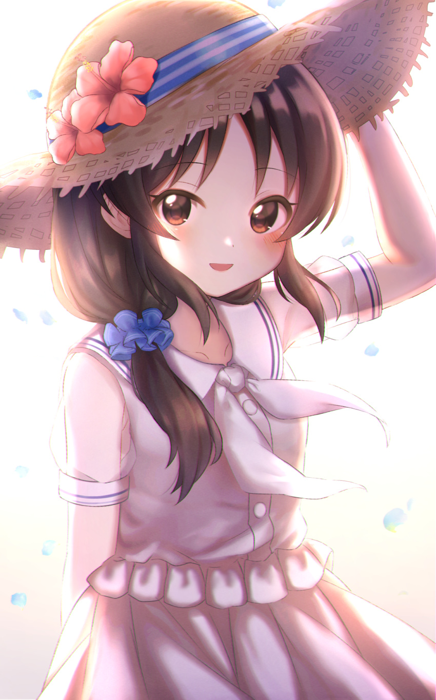 :d backlighting bad_id bad_pixiv_id blue_scrunchie blush brown_background brown_eyes brown_hair brown_hat commentary cotrpopor dress female flower gradient_background hair_ornament hair_over_shoulder hair_scrunchie hand_on_headwear hat hat_flower hibiscus highres idolmaster idolmaster_cinderella_girls long_hair looking_at_viewer neckerchief open_mouth pink_flower ponytail puffy_short_sleeves puffy_sleeves sailor_dress scrunchie see-through see-through_sleeves short_sleeves sidelocks smile solo standing straw_hat sun_hat symbol-only_commentary tachibana_arisu white_background white_dress white_neckerchief wind