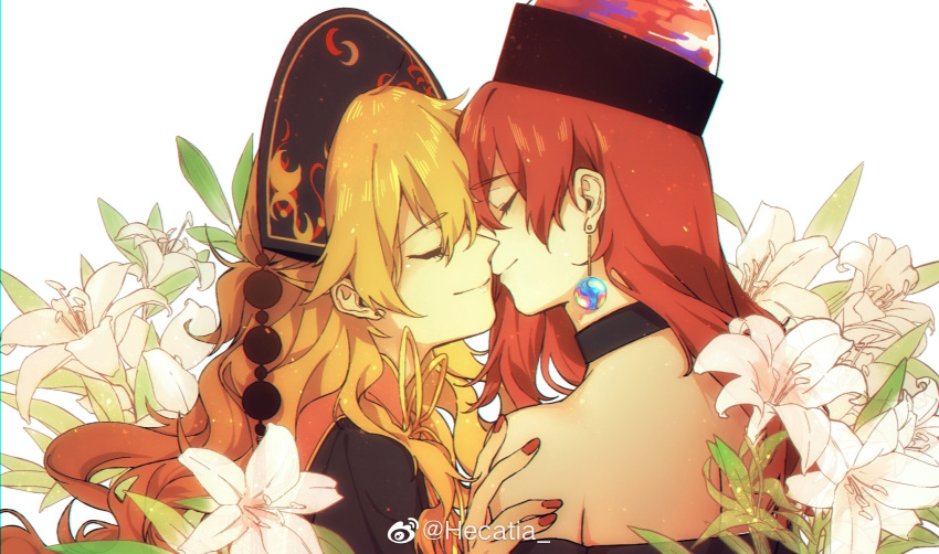 2girls artist_name bare_shoulders black_choker black_dress black_shirt blonde_hair chinese_commentary choker closed_eyes commentary_request couple dress ear_piercing earrings facing_another flower from_behind from_side hair_between_eyes hand_on_another's_shoulder headdress hecatia_lapislazuli highres hug imminent_kiss jewelry junko_(touhou) kagari6496 leaf light_particles lily_(flower) long_hair multiple_girls nail_polish neck_ribbon off-shoulder_shirt off_shoulder piercing planet_earrings profile red_hair red_nails ribbon shirt simple_background smile tabard tassel touhou upper_body weibo_logo weibo_watermark white_background white_flower white_lily yellow_ribbon yuri