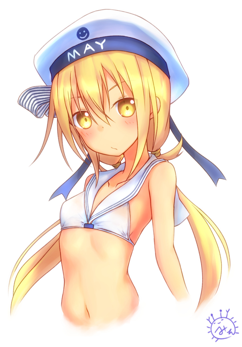 :/ arm_at_side artist_logo beret bikini blonde_hair blue_ribbon blush bow breasts bug character_name closed_mouth clothes_writing collarbone commentary_request cosplay cropped_torso female from_side hair_between_eyes hair_tie hat hat_bow hat_ribbon highres kanimiso_(juutilainen77) kantai_collection long_hair looking_at_viewer low_twintails navel ribbon sailor_bikini sailor_collar satsuki_(kancolle) sidelocks signature simple_background small_breasts smiley_face solo straight_hair striped striped_bow swimsuit twintails upper_body very_long_hair white_background white_bikini white_hat white_sailor_collar yellow_eyes z3_max_schultz_(kancolle) z3_max_schultz_(kancolle)_(cosplay) z3_max_schultz_(swimsuit_mode)_(kancolle)