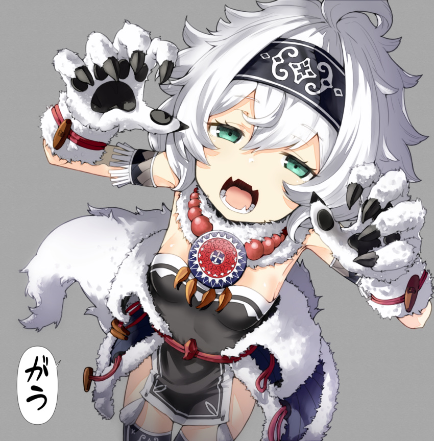 animal_hands beads breasts commentary_request cowboy_shot fangs female gloves green_eyes grey_background hachimitsucoffee hair_between_eyes hairband highres looking_at_viewer open_mouth paw_gloves pirika_(sennen_sensou_aigis) sennen_sensou_aigis simple_background skin_fangs solo speech_bubble teeth white_gloves white_hair