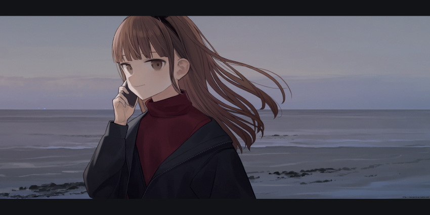 astg black_border black_hairband black_jacket border brown_eyes brown_hair cellphone closed_mouth female hairband highres holding holding_phone jacket long_hair long_sleeves ocean original outdoors phone red_sweater sky smartphone solo sweater talking_on_phone turtleneck turtleneck_sweater upper_body water