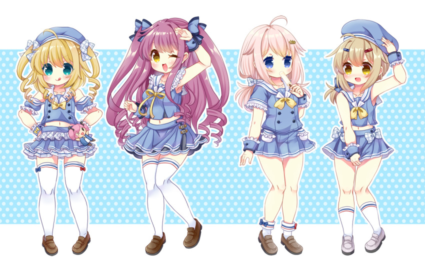 4girls adjusting_clothes adjusting_headwear ahoge alternate_costume aqua_eyes armpits azur_lane blue_bow blue_eyes blue_headwear blue_skirt blush bobby_socks bow bow_legwear breasts brown_footwear buttons character_doll checkered_bow checkered_clothes chikuma_(user_xfyy4457) collarbone commentary_request craven_(azur_lane) crop_top detached_sleeves double-breasted drill_hair eating embarrassed food frilled_cuffs frilled_sailor_collar frilled_sleeves frills gridley_(azur_lane) hair_ornament hairbow hairclip hands_on_own_hips hat knees_together_feet_apart long_hair low_ponytail maury_(azur_lane) mccall_(azur_lane) medium_breasts medium_hair midriff miniskirt multiple_girls navel one_eye_closed pleated_skirt polka_dot polka_dot_background popsicle sailor_collar saratoga_(azur_lane) side_ponytail skindentation skirt skirt_tug sleeveless small_breasts socks standing striped thigh_gap thighhighs thighs twintails two_side_up very_long_hair waist_bow white_footwear white_sailor_collar white_socks white_thighhighs wrist_cuffs yellow_eyes