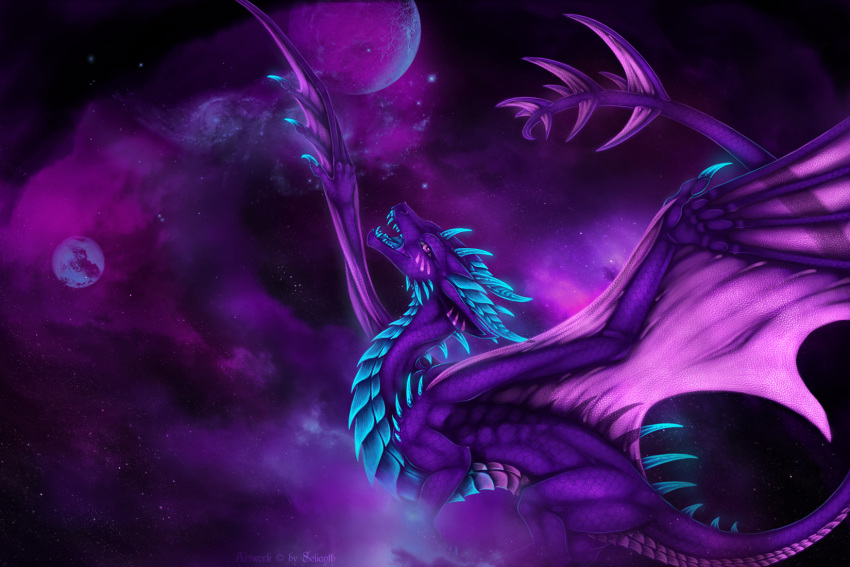 2019 3:2 ambiguous_gender claws cosmic_background detailed_background digital_media_(artwork) dragon european_mythology hi_res horn membrane_(anatomy) membranous_wings mythological_creature mythological_scalie mythology open_mouth purple_body purple_eyes purple_scales ridged_horn scales scalie selianth solo spines tail teeth tongue western_dragon wings