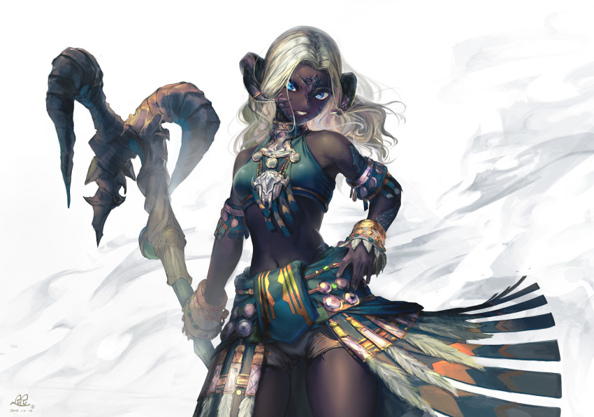 2018 alternate_skin_color armband artist_name au_ra bare_shoulders black_horns black_lips black_scales black_skin blue_eyes breasts colored_skin commentary_request cowboy_shot curled_horns dark-skinned_female dark_skin dated dragon_girl dragon_horns feathers female final_fantasy final_fantasy_xiv fingernails grey_shorts grin hand_on_own_hip highres holding holding_staff horn_ornament horn_ring horns legs_apart lips long_hair medium_breasts navel sadu_dotharl samidare_(okayou) scales shorts signature smile solo staff teeth thighs tribal white_hair wristband