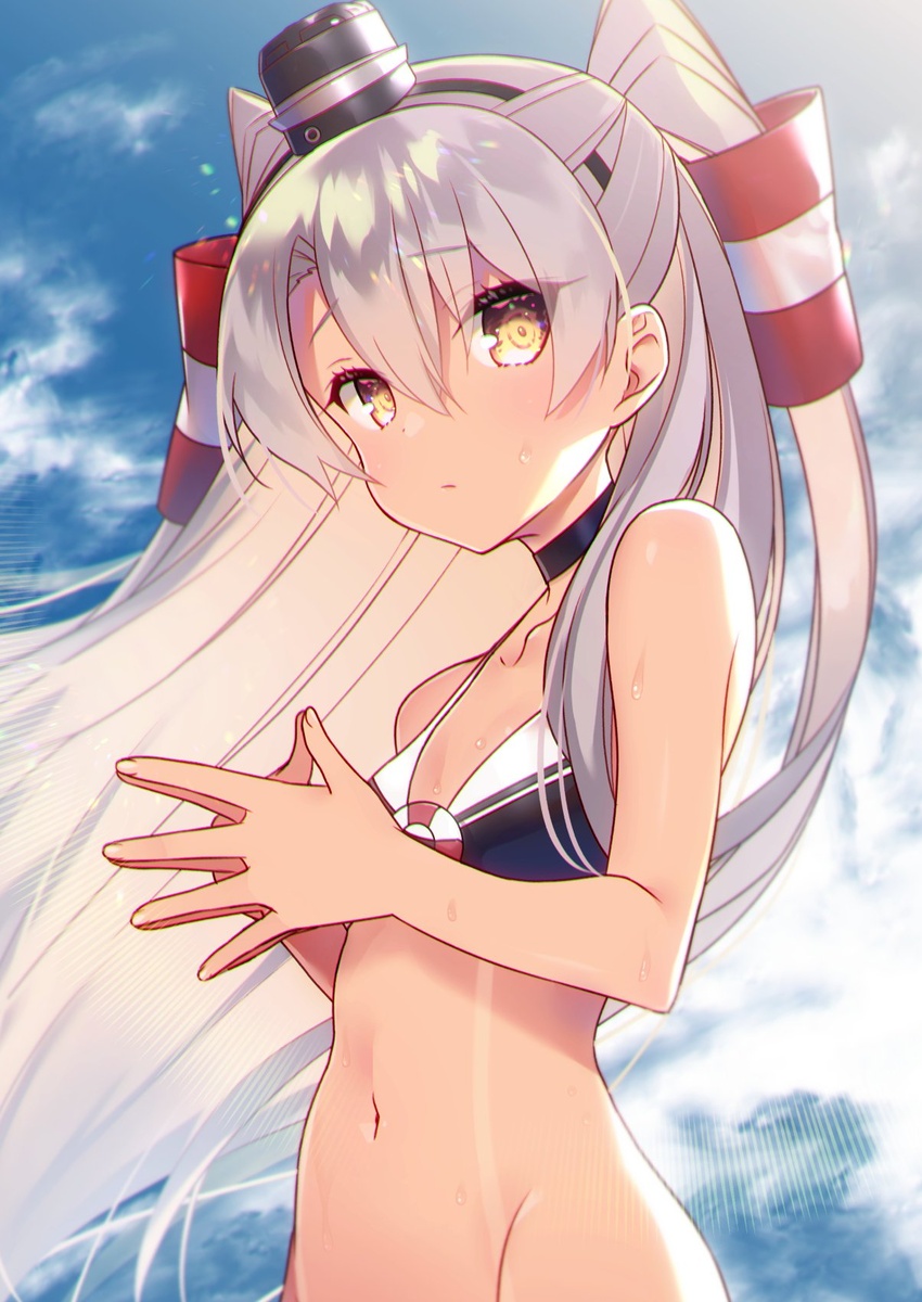 amatsukaze_(kancolle) bikini bikini_top_only black_bikini black_choker blue_sky breasts choker cloud collarbone commentary_request cowboy_shot day female fingers_together grey_hair groin hair_tubes hat highres kantai_collection long_hair looking_at_viewer mini_hat navel sky small_breasts solo swimsuit tahya tan tanlines two_side_up