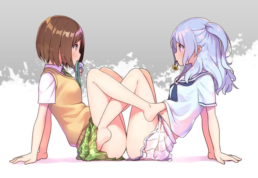 2girls arm_support bad_id bad_twitter_id bang_dream! bare_legs barefoot blue_hair blue_neckwear brown_eyes brown_hair collared_shirt commentary from_side full_body green_skirt hair_tie_in_mouth hanasakigawa_school_uniform haneoka_school_uniform hazawa_tsugumi hitotoshite_jiku_ga_bureteiru knees_up looking_at_another matsubara_kanon medium_hair mouth_hold multiple_girls navel one_side_up parody pleated_skirt sailor_collar sayonara_zetsubou_sensei school_uniform serafuku shipii_(jigglypuff) shirt short_sleeves sidelocks simple_background sitting skirt thighs vest white_shirt white_skirt yuri