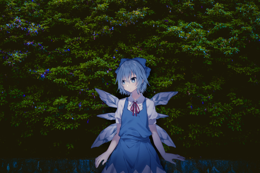 arms_at_sides blue_bow blue_dress blue_eyes blue_flower blue_hair blush bow cirno closed_mouth collared_shirt commentary_request dress expressionless female flower hair_between_eyes hairbow highres ice ice_wings looking_away looking_to_the_side minamiya_mia neck_ribbon photo_background plant puffy_short_sleeves puffy_sleeves red_ribbon ribbon shirt short_sleeves sitting sleeveless sleeveless_dress solo touhou white_shirt wings