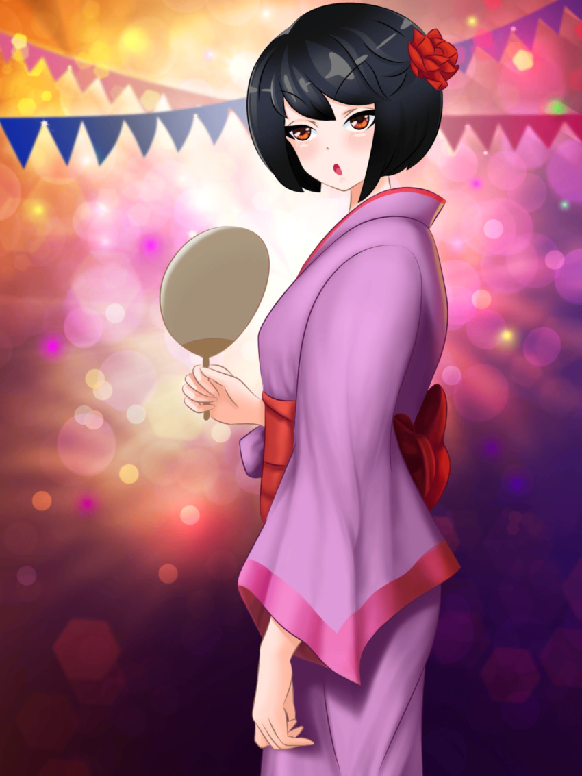 artist_request black_hair bob_cut breasts brown_eyes date_crush_stories erisa_(date_crush_stories) female festival flower game_cg hair_flower hair_ornament hand_fan highres holding holding_fan japanese_clothes kimono lens_flare lights long_sleeves looking_at_viewer looking_to_the_side obi open_mouth outdoors paper_fan purple_kimono red_kimono rose sash short_hair small_breasts solo source_request uchiwa wide_sleeves yukata