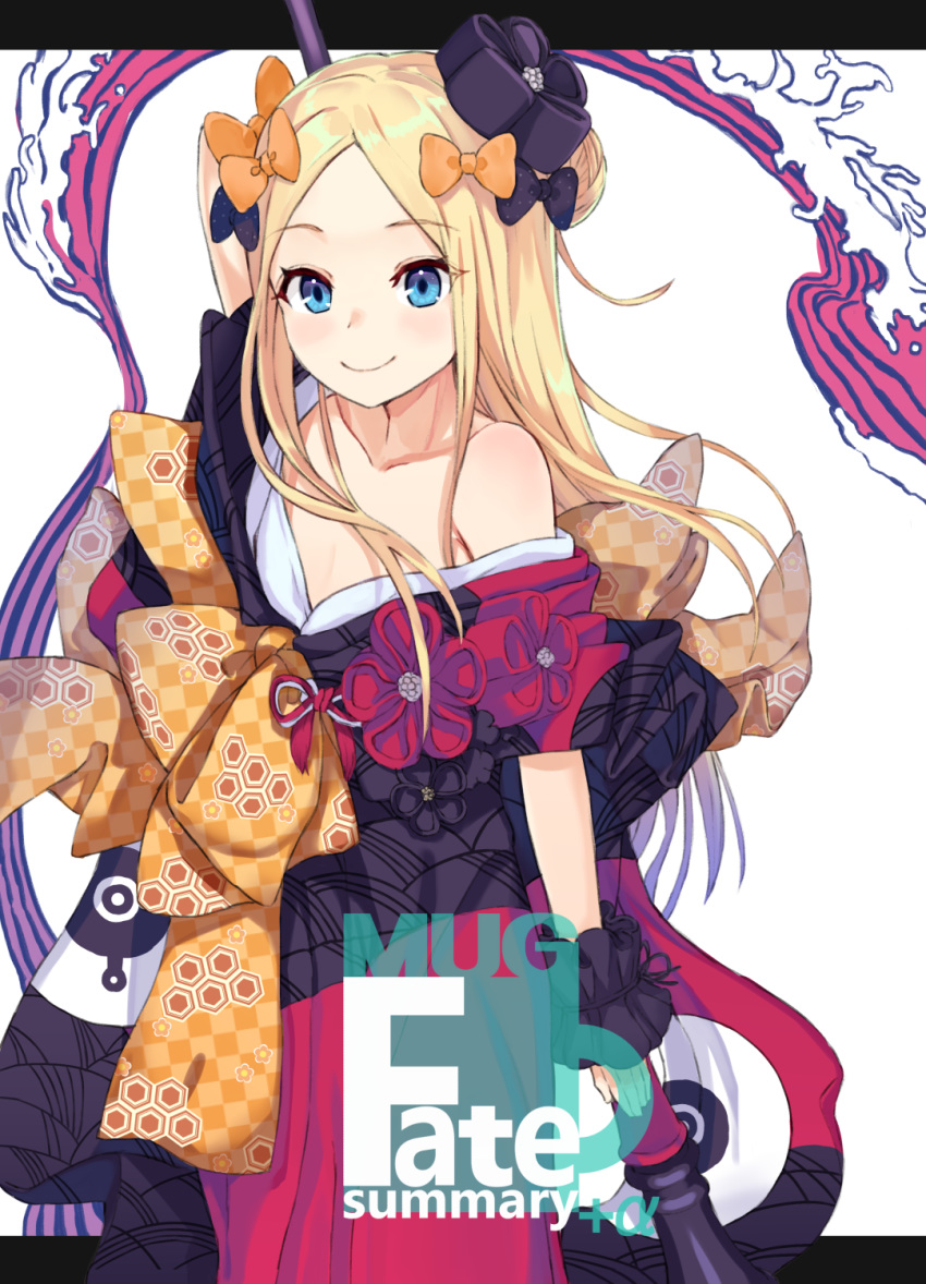 abigail_williams_(fate) arm_behind_back bare_shoulders black_bow black_jacket blonde_hair blush bow checkered closed_mouth commentary_request cosplay cover cover_page fate/grand_order fate_(series) female forehead hair_ornament hairbow highres holding jacket katsushika_hokusai_(fate) katsushika_hokusai_(fate)_(cosplay) long_hair mugcup multiple_hair_bows off_shoulder orange_bow parted_bangs smile solo very_long_hair white_background wrist_cuffs