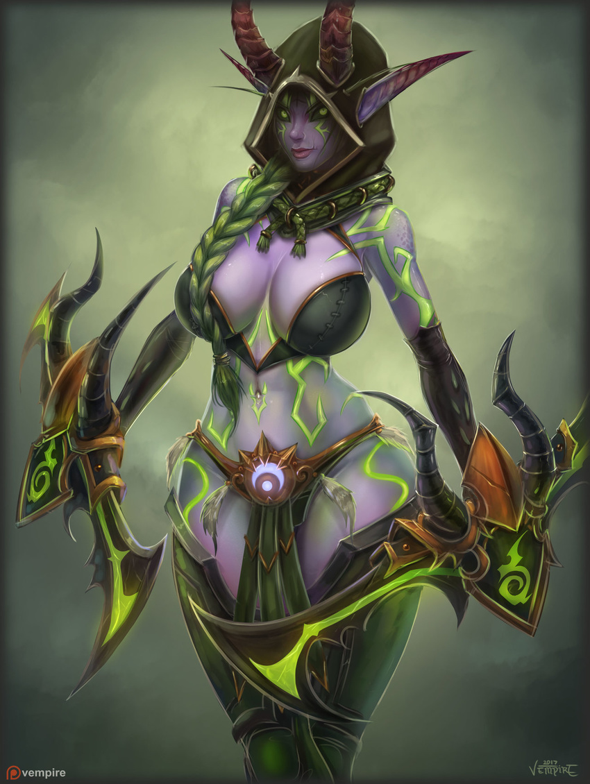 blizzard_entertainment braided_hair breasts clothed clothing demon demon_humanoid demon_hunter elf female gloves glowing glowing_eyes glowing_tattoo green_hair hair handwear hi_res holding_object holding_weapon hood horn horned_humanoid humanoid humanoid_pointy_ears night_elf not_furry skimpy solo tattoo vempire warcraft weapon