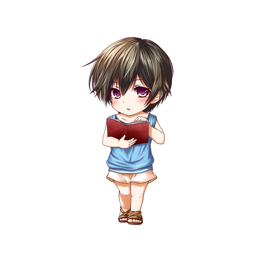 black_hair blush bokura_wa_minna_kawaisou book casual chibi commentary_request female full_body highres holding holding_book kawai_ritsu kuena open_book purple_eyes sandals short_hair skirt solo