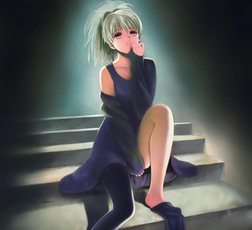 darker_than_black dress long_hair ponytail purple_eyes silver_hair sitting stairs thighhighs toshi_hiroshi yin