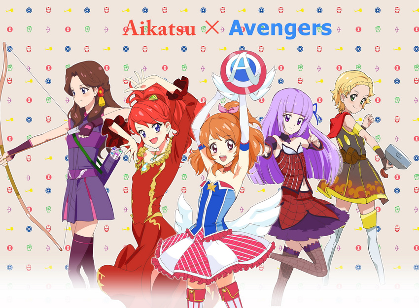 5girls :d aikatsu! aikatsu!_(series) aqua_eyes arms_up avengers_(series) bare_shoulders blonde_hair blue_eyes blunt_bangs bow bow_(weapon) brown_hair commentary_request copyright_name cosplay flower fujiwara_miyabi_(aikatsu!) hair_flower hair_ornament hair_ribbon hikami_sumire kurebayashi_juri long_hair looking_at_viewer makacoon marvel multiple_girls one_side_up open_mouth ozora_akari pink_bow ponytail purple_eyes purple_hair red_eyes red_hair ribbon shinjo_hinaki short_hair smile standing standing_on_one_leg thighhighs weapon