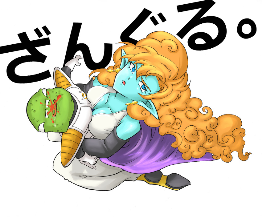 1boy armor blood blue_eyes blue_skin breasts cape cleavage colored_skin commentary_request curly_hair dragon_ball dragon_ball_z drooling earrings extra_eyes female ginyu_force green_skin guldo height_difference hug jewelry long_hair midorimidorit nosebleed orange_hair pauldrons pointy_ears shoulder_armor zangya