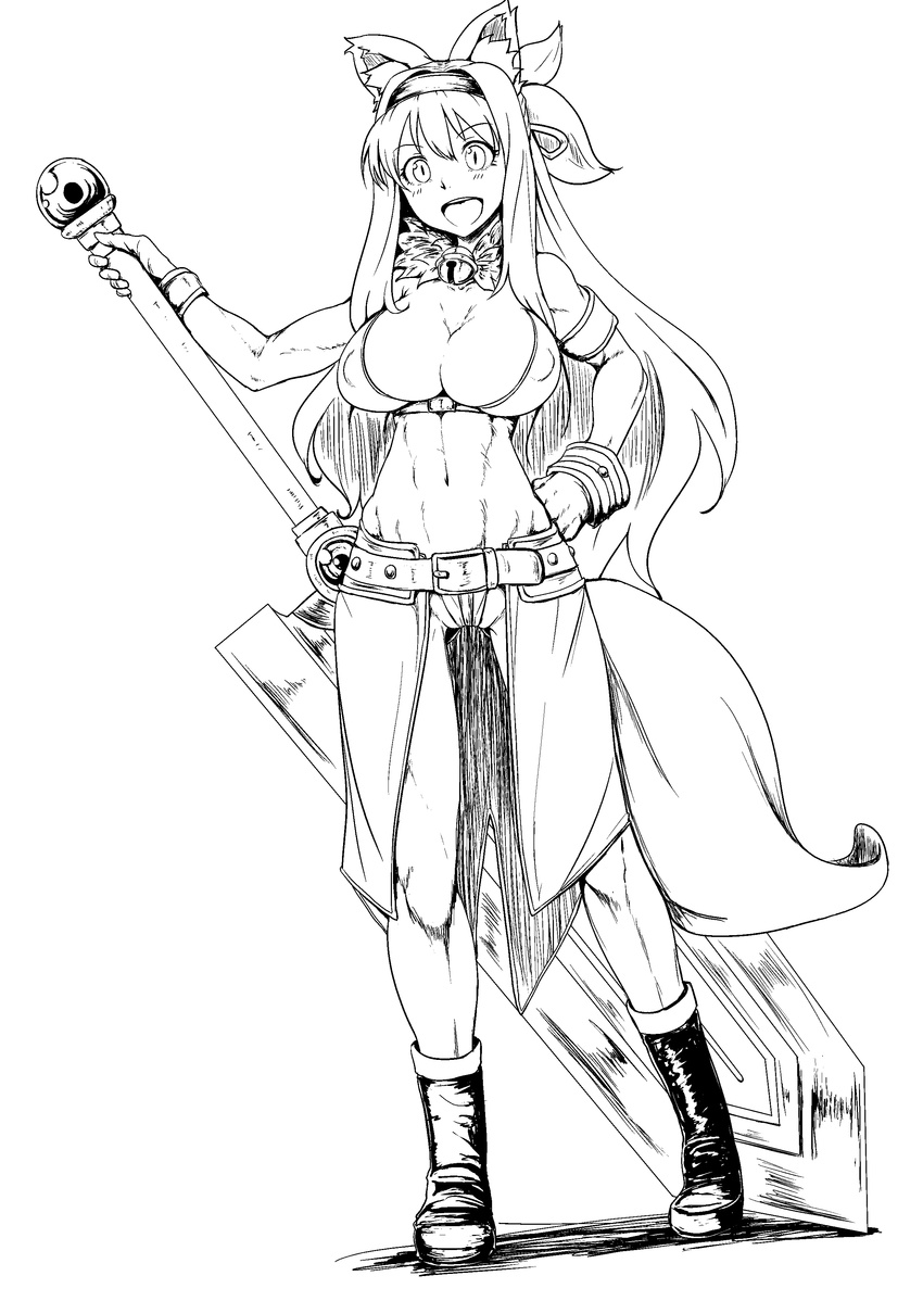 absurdres breasts clearite cleavage commentary_request female greyscale hand_on_own_hip highres huge_weapon kouretsuken_mahiru large_breasts long_hair monochrome open_mouth shinrabanshou simple_background smile solo sword very_long_hair weapon white_background