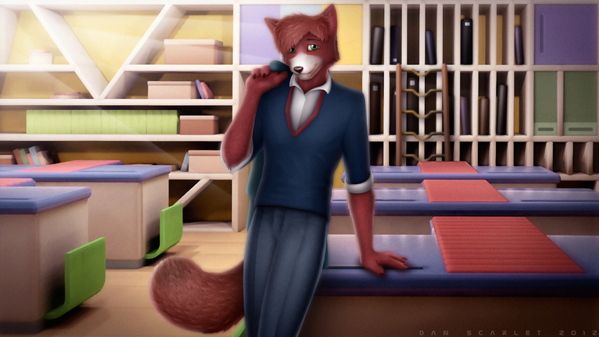 16:9 3d_(artwork) anthro bottomwear canid canine classroom clothed clothing dan_scarlet digital_media_(artwork) fox fully_clothed fur green_eyes hi_res looking_at_viewer male mammal mr_russard orange_body orange_fur pants red_body red_fur school shirt smile solo teacher the_mysteries_of_alfred_hedgehog topwear white_body white_fur