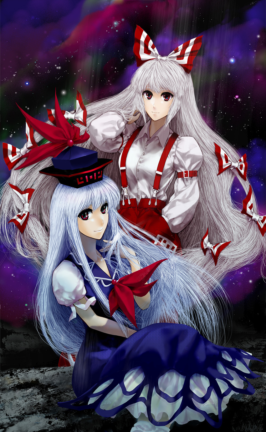 2girls adjusting_hair blue_dress blue_hair commentary_request dress dress_shirt fujiwara_no_mokou grey_hair hair_ribbon hand_in_pocket hat highres kamishirasawa_keine light_smile long_hair long_sleeves multiple_girls night night_sky photoshop_(medium) puffy_long_sleeves puffy_sleeves red_eyes ribbon shirt sitting sky star_(sky) starry_sky touhou umami_(sakeikura) white_shirt